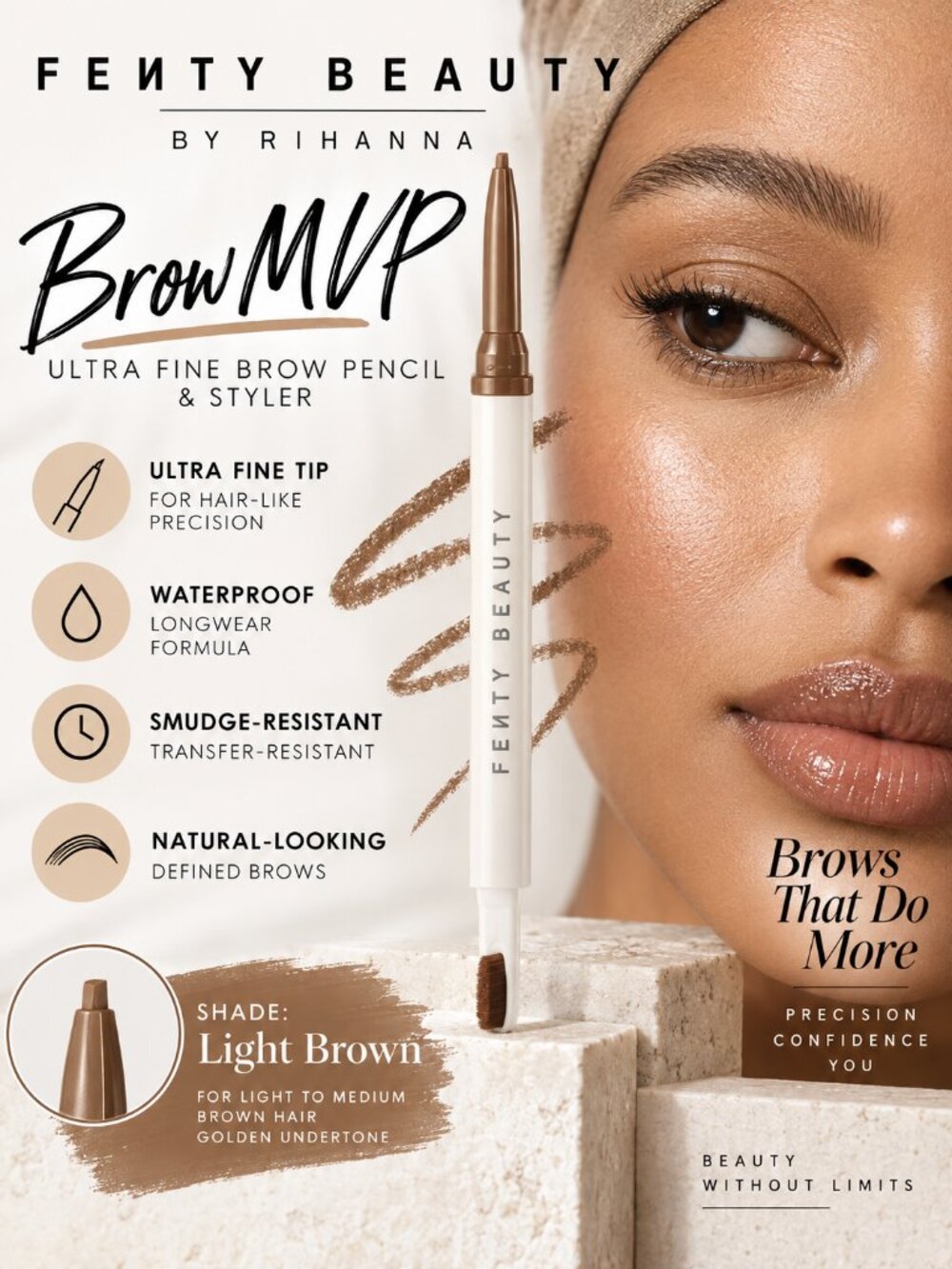 Fenty Beauty Brow MVP Ultra Fine Brow Pencil & Styler Light Brown Waterproof